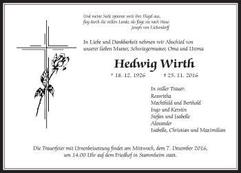 Traueranzeige von Hedwig Wirth von Wetterauer Zeitung, Wetterauer Zeitung