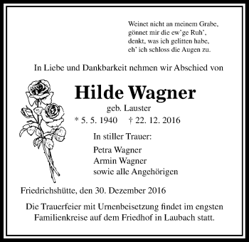 Traueranzeige von Hilde Wagner von Gießener Allgemeine, Alsfelder Allgemeine