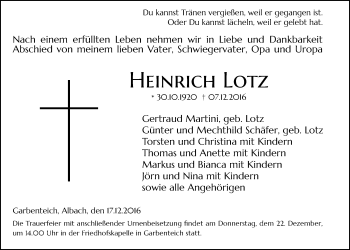 Traueranzeige von Heinrich Lotz von Gießener Allgemeine, Alsfelder Allgemeine