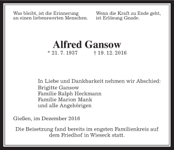 Traueranzeige von Alfred Gansow von Gießener Allgemeine, Alsfelder Allgemeine
