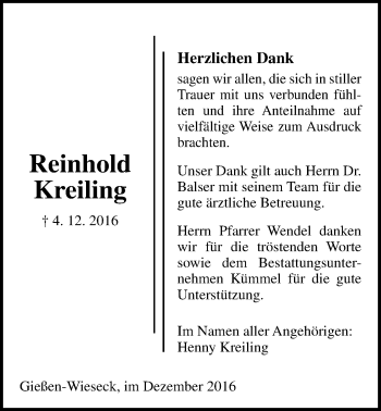 Traueranzeige von Reinhold Kreiling von Gießener Allgemeine, Alsfelder Allgemeine