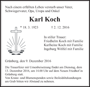 Traueranzeige von Karl Koch von Gießener Allgemeine, Alsfelder Allgemeine