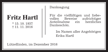 Traueranzeige von Fritz Hartl von Gießener Allgemeine, Alsfelder Allgemeine