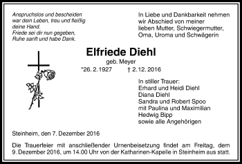 Traueranzeige von Elfriede Diehl von Gießener Allgemeine, Alsfelder Allgemeine
