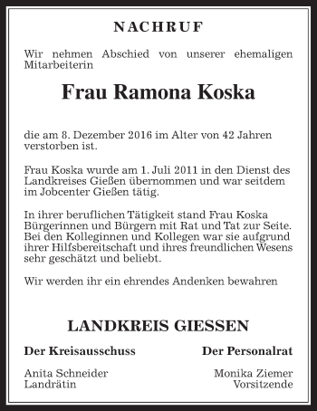 Traueranzeige von Ramona Koska von Gießener Allgemeine, Alsfelder Allgemeine
