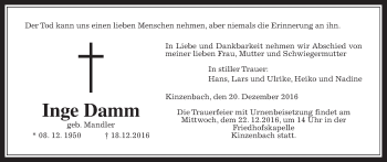 Traueranzeige von Inge Damm von Gießener Allgemeine, Alsfelder Allgemeine
