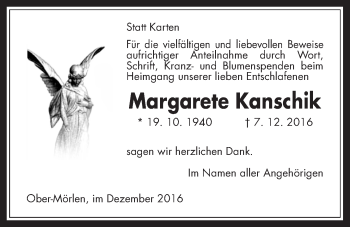 Traueranzeige von Margarete Kanschik von Wetterauer Zeitung, Wetterauer Zeitung