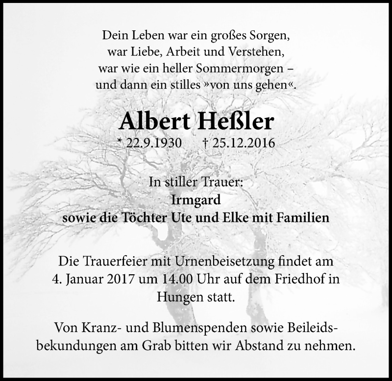  Traueranzeige für Albert Heßler vom 29.12.2016 aus Licher Wochenblatt, Licher Wochenblatt, Licher Wochenblatt