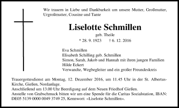 Traueranzeige von Liselotte Schmillen von Gießener Allgemeine, Alsfelder Allgemeine