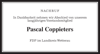 Traueranzeige von Pascal Coppieters von Wetterauer Zeitung, Wetterauer Zeitung