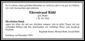 Traueranzeige von Ehrentraud Rühl von Gießener Allgemeine, Alsfelder Allgemeine