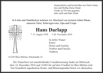 Traueranzeige von Hans Darlapp von Wetterauer Zeitung, Wetterauer Zeitung