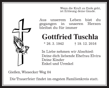 Traueranzeige von Gottfried Tuschla von Gießener Allgemeine, Alsfelder Allgemeine