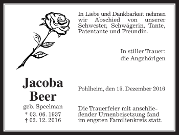 Traueranzeige von Jacoba Beer von Pohlheimer Nachrichten