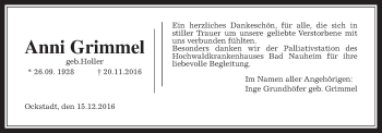 Traueranzeige von Anni Grimmel von Wetterauer Zeitung, Wetterauer Zeitung