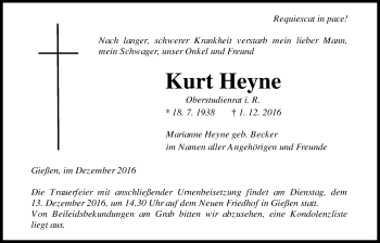 Traueranzeige von Kurt Heyne von Gießener Allgemeine, Alsfelder Allgemeine