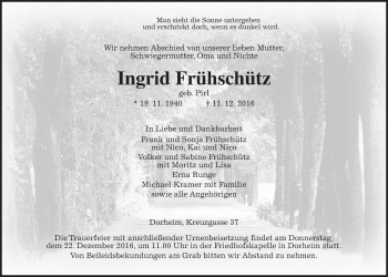 Traueranzeige von Ingrid Frühschütz von Wetterauer Zeitung, Wetterauer Zeitung