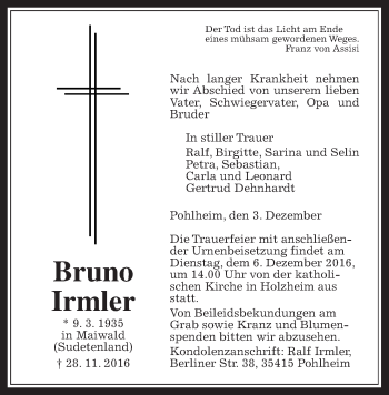 Traueranzeige von Bruno Irmler von Gießener Allgemeine, Alsfelder Allgemeine
