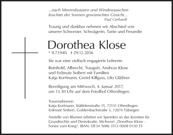 Traueranzeige von Dorothea Klose von Wetterauer Zeitung, Wetterauer Zeitung