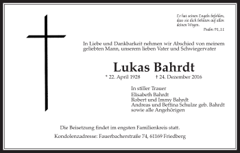Traueranzeige von Lukas Bahrdt von Wetterauer Zeitung, Wetterauer Zeitung