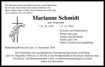 Traueranzeige von Marianne Schmidt von Gießener Allgemeine, Alsfelder Allgemeine