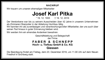 Traueranzeige von Josef Karl Pitka von Gießener Allgemeine, Alsfelder Allgemeine