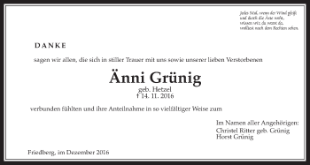 Traueranzeige von Änni Grünig von Wetterauer Zeitung, Wetterauer Zeitung