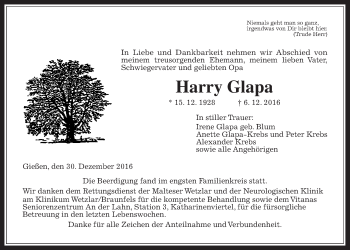 Traueranzeige von Harry Glapa von Gießener Allgemeine, Alsfelder Allgemeine