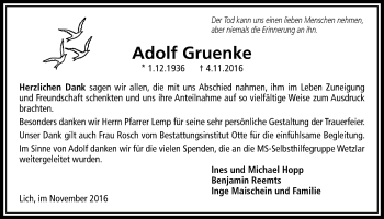 Traueranzeige von Adolf Gruenke von Licher Wochenblatt, Licher Wochenblatt, Licher Wochenblatt