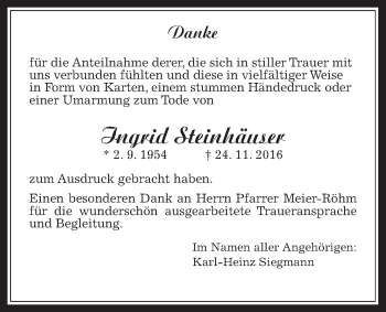 Traueranzeige von Ingrid Steinhäuser von Wetterauer Zeitung, Wetterauer Zeitung
