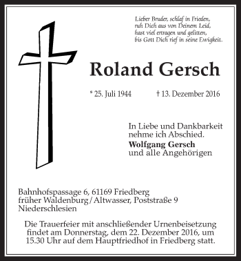 Traueranzeige von Roland Gersch von Wetterauer Zeitung, Wetterauer Zeitung
