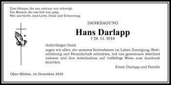 Traueranzeige von Hans Darlapp von Wetterauer Zeitung, Wetterauer Zeitung