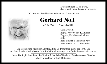 Traueranzeige von Gerhard Noll von Gießener Allgemeine, Alsfelder Allgemeine