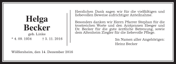 Traueranzeige von Helga Becker von Wetterauer Zeitung, Wetterauer Zeitung