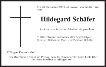 Traueranzeige von Hildegard Schäfer von Gießener Allgemeine, Alsfelder Allgemeine