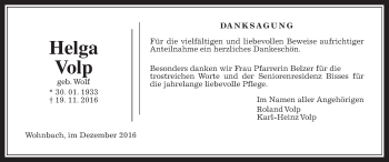 Traueranzeige von Helga Volp von Wetterauer Zeitung, Wetterauer Zeitung