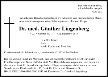 Traueranzeige von Günther Lingenberg von Wetterauer Zeitung, Wetterauer Zeitung