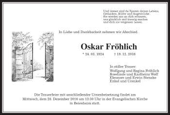 Traueranzeige von Oskar Fröhlich von Wetterauer Zeitung, Wetterauer Zeitung