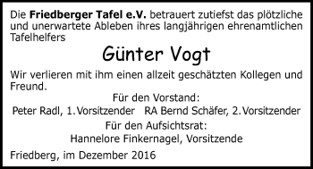 Traueranzeige von Günter Vogt von Wetterauer Zeitung, Wetterauer Zeitung