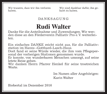 Traueranzeige von Rudi Walter von Gießener Allgemeine, Alsfelder Allgemeine, Wetterauer Zeitung, Wetterauer Zeitung