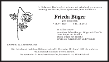 Traueranzeige von Frieda Büger von Wetterauer Zeitung, Wetterauer Zeitung