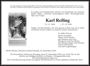 Traueranzeige von Karl Reiling von Wetterauer Zeitung, Wetterauer Zeitung