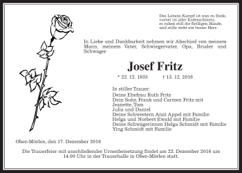 Traueranzeige von Josef Fritz von Wetterauer Zeitung, Wetterauer Zeitung