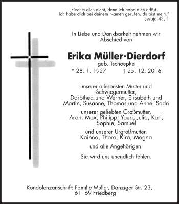 Traueranzeige von Erika Müller-Dierdorf von Wetterauer Zeitung, Wetterauer Zeitung