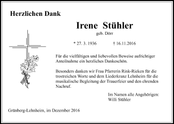 Traueranzeige von Irene Stühler von Gießener Allgemeine, Alsfelder Allgemeine