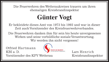 Traueranzeige von Günter Vogt von Wetterauer Zeitung, Wetterauer Zeitung