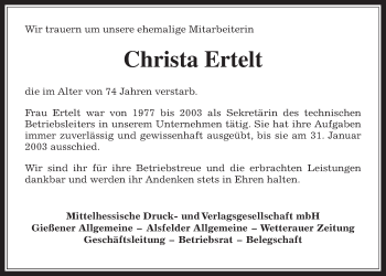 Traueranzeige von Christa Ertelt von Gießener Allgemeine, Alsfelder Allgemeine