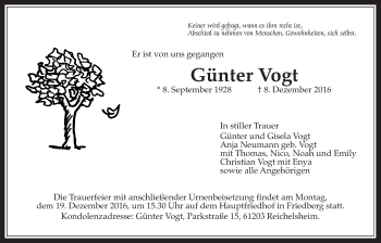 Traueranzeige von Günter Vogt von Wetterauer Zeitung, Wetterauer Zeitung