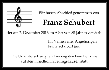 Traueranzeige von Franz Schubert von Gießener Allgemeine, Alsfelder Allgemeine