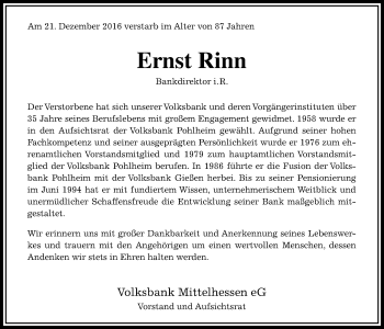 Traueranzeige von Ernst Rinn von Gießener Allgemeine, Alsfelder Allgemeine